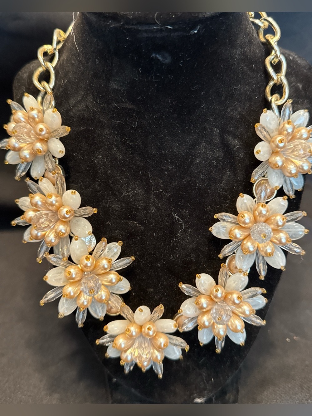 Pearl & Crystal Floral Statement Necklace - Gold and Cream
